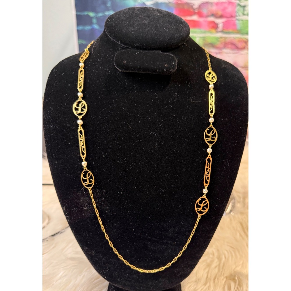 Vintage Gold Tone Monogram Filigree 32 inch Necklace Faux Pearl Long Opera Chain